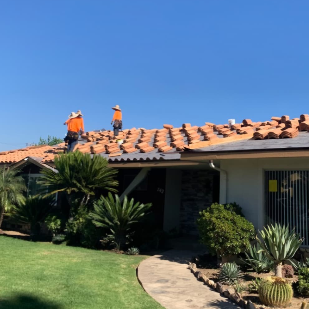 2 PPEOPLE WORKING ON A RESIDENTIAL TILES ROOF